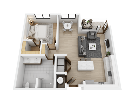 A top-down view of a small apartment with a kitchen, living room, and bathroom.