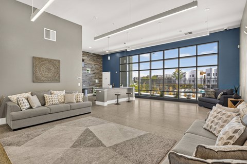 A spacious living room with a grey sofa and a large rug.