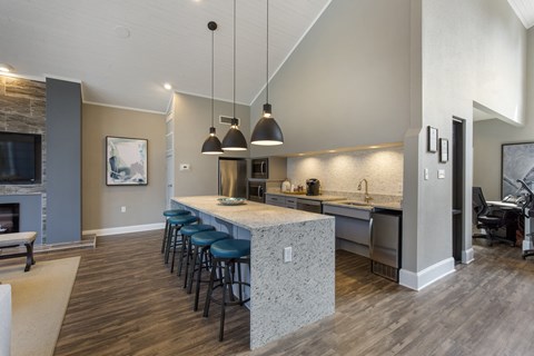 Clubhouse kitchen with a bar area and a fireplace.