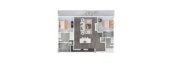 a 3d floor plan of a bedroom with a bathroom and a living room