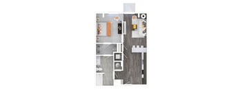 a stylized floor plan with a bedroom and a living room