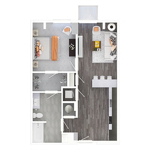 a stylized floor plan with a bedroom and a living room