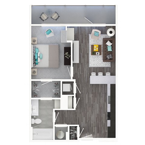 a stylized floor plan with a bedroom and a living room