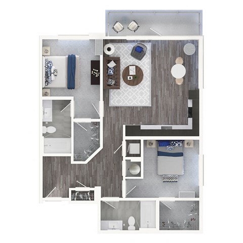 a stylized floor plan of a 1 bedroom apartment
