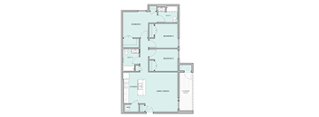 A floor plan with three bedrooms, a kitchen, a living/dining area, and a patio.