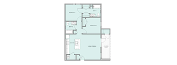 A floor plan with two bedrooms, a living/dining area, a kitchen, two bathrooms, and a covered patio.