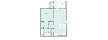 A floor plan with a bedroom, living/dining area, kitchen, and bathroom.