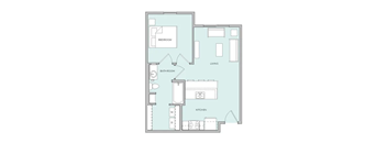 A floor plan with a bedroom, bathroom, kitchen, and living room.