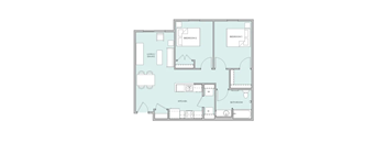 A floor plan with two bedrooms, a living area, a kitchen, and a bathroom.