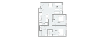 A floor plan with two bedrooms, a laundry room, a bathroom, a kitchen, and a living/dining area.