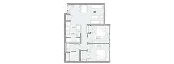 A floor plan with two bedrooms, a living area, a kitchen, a laundry room, and a bathroom.
