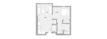 A floor plan with labeled rooms including a living room, bedroom, kitchen, laundry, and bathroom.