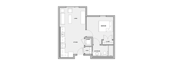 A floor plan with labeled rooms such as living room, bedroom, kitchen, bathroom, closet, and laundry.