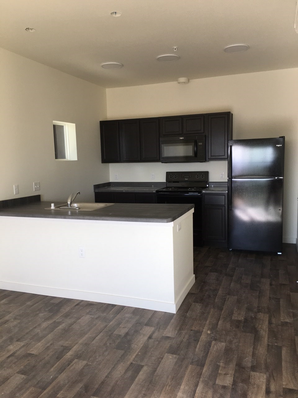 A kitchen with black cabinets and a black fridge.