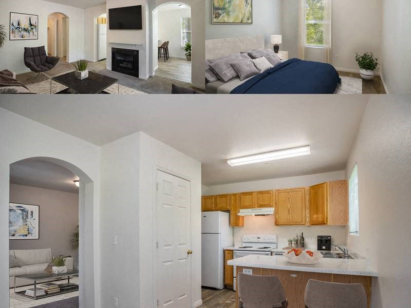 a bedroom and a kitchen and a living room