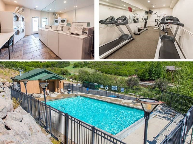 three pictures of a pool and a kitchen and a house