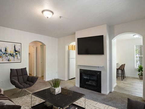 a living room with a fireplace and a television