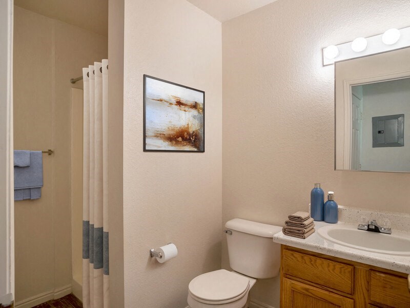 a bathroom with a toilet sink and mirror and a shower