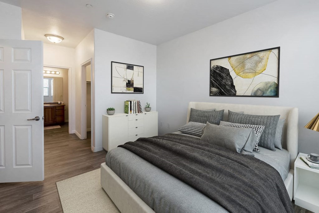 a bedroom with a bed and a closet