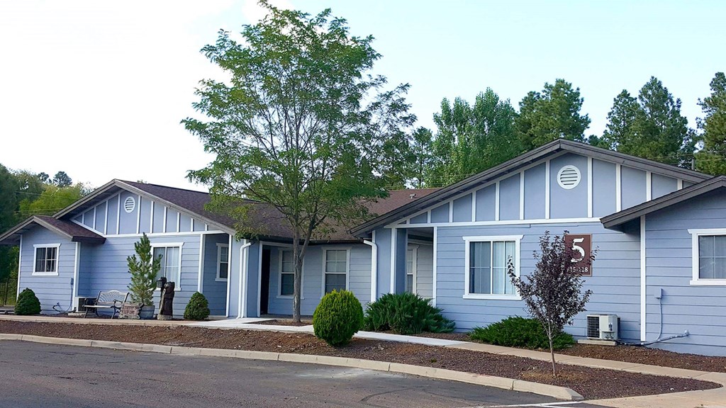 a blue house with a street in front of it