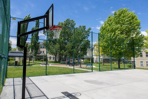 a basketball hoop in a park with a playground and buildings