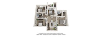 a stylized floor plan with a bedroom and a kitchen