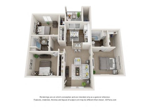 a stylized floor plan with a bedroom and a kitchen