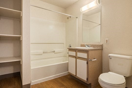 a bathroom with a toilet and a sink and a bath tub