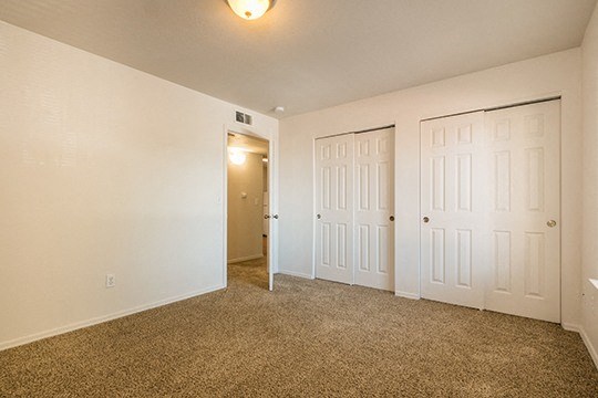 a bedroom with two doors and a carpeted floor