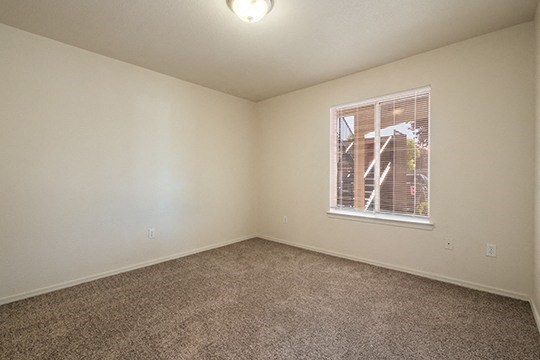 an empty living room with a window and carpet