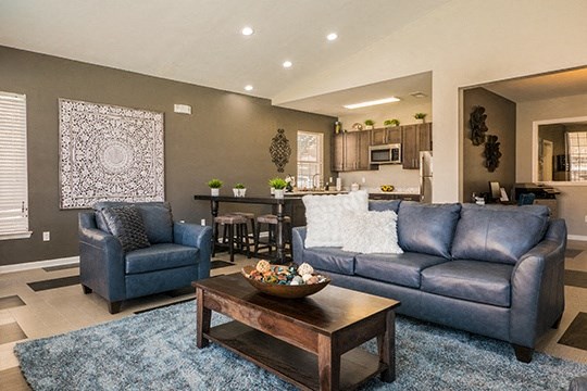 a living room and kitchen with couches and a coffee table