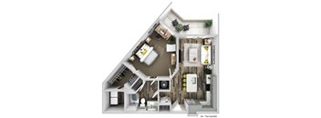 a 3d floor plan of a bedroom with a bathroom and a balcony