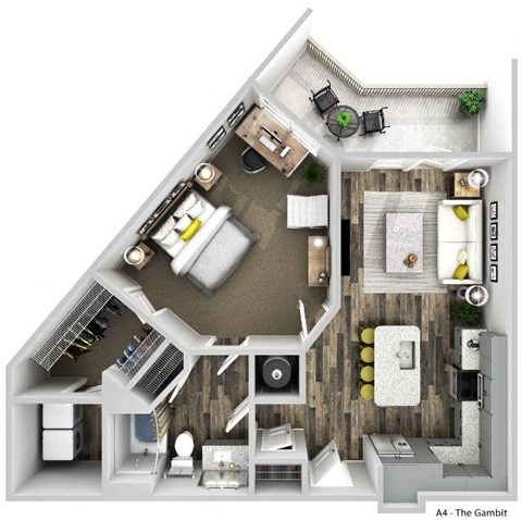 a 3d floor plan of a bedroom with a bathroom and a balcony