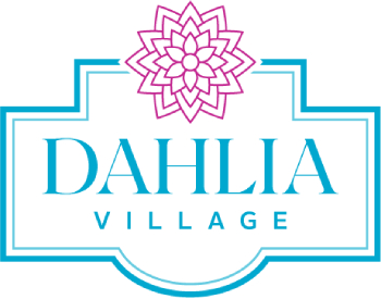 A logo with a flower and the words Dahlia Village.