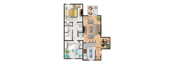 A floor plan of a house with two bedrooms, a living room, a kitchen, a dining area, a bathroom, a laundry room, and a deck.