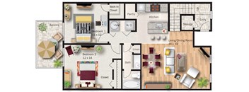 A floor plan of a house with two bedrooms, a living room, a kitchen, a bathroom, a pantry, a linen closet, and a balcony.