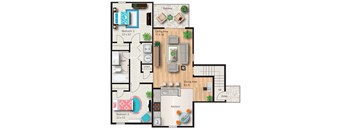 A floor plan of a house with two bedrooms, a living area, a dining area, a kitchen, a bathroom, and a laundry area.