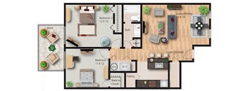 A floor plan of a house with two bedrooms, a living room, a dining room, a pantry, a bathroom, a deck, and a walk-in closet.