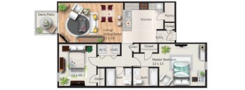 A floor plan of a house with a deck/patio, living/dining room, kitchen, pantry, two bedrooms, two bathrooms, and a washer/dryer.