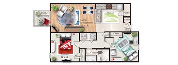 A floor plan of a house with a living room, dining room, kitchen, pantry, two bedrooms, bathroom, and a deck/balcony.