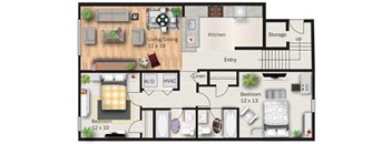 A floor plan of a house with two bedrooms, a living room, a kitchen, a storage area, and a laundry room.