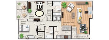 A floor plan of a house with a living room, kitchen, pantry, and two bedrooms.