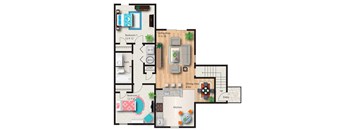 A floor plan of a house with two bedrooms, a living area, a dining area, a kitchen, a bathroom, and a laundry area.