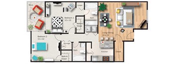 A floor plan of a house with two bedrooms, a pantry, a kitchen, a living room, and a deck.