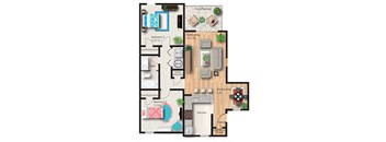 A floor plan of a house with two bedrooms, a living area, a dining area, a kitchen, a bathroom, a laundry area, and a deck.