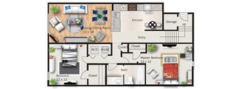 A floor plan of a house showing a living room, kitchen, dining room, bedrooms, bathroom, and storage.