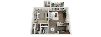 A 3D floor plan of a small apartment with a kitchen, living room, and bedroom.