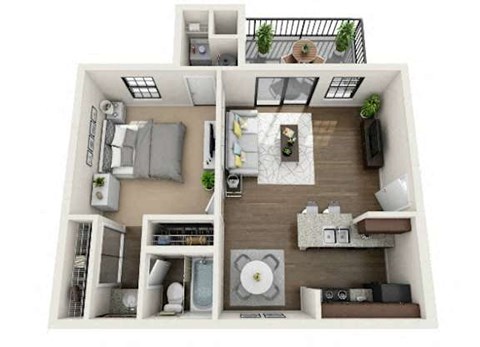 A 3D floor plan of a small apartment with a kitchen, living room, and bedroom.
