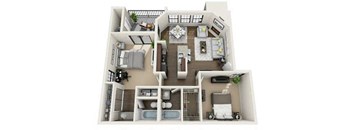 A 3D floor plan of a house with a kitchen, living room, dining room, and two bedrooms.