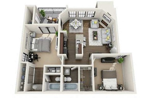 A 3D floor plan of a house with a kitchen, living room, dining room, and two bedrooms.